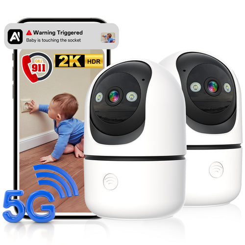 Indoor Security Camera 2 Packs, 2K 5G WiFi Baby/Pet/Dog/Nanny Cameras for Home Security, 360 PTZ Security Cameras with US Servers Phone App, 911 One-Tap Call,AI Smart Detection